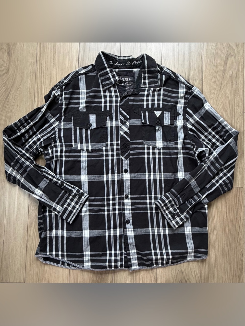 Parish Nation Strength & Honor Anchor Patch  Black & White Plaid Button-Up